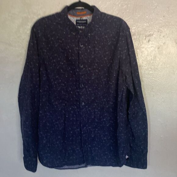 Denim & Flower Navy Blue Print Design Long Sleeve Button Down Dress Shirt - Picture 1 of 4